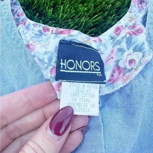 Vintage Kids Girls Honors Cotton Denim Floral Spring Jumper Dress Size 4T - Picture 4 of 6